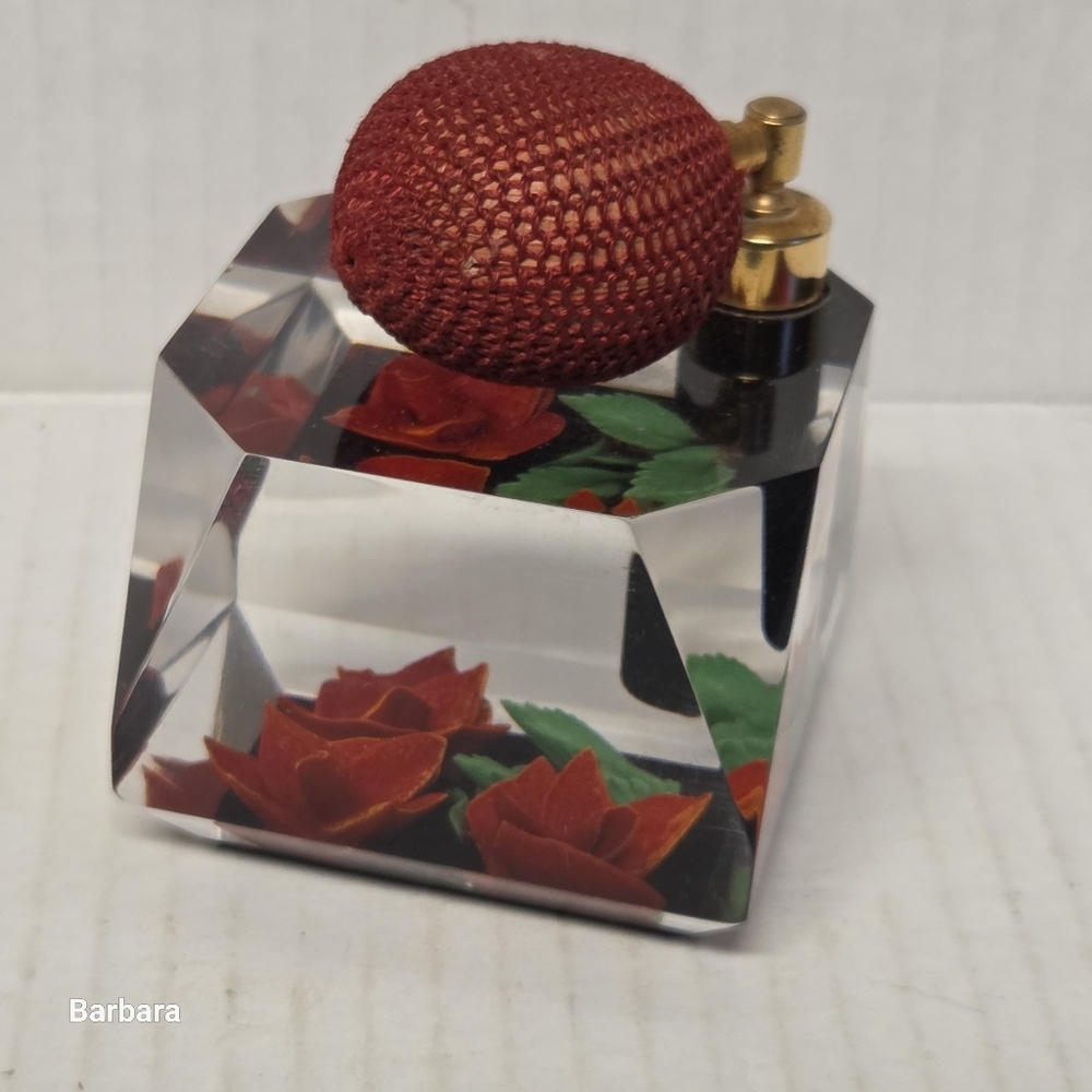 Vintage Bircraft Lucite Perfume Atomizer with Hand-carved Red Rose Base
